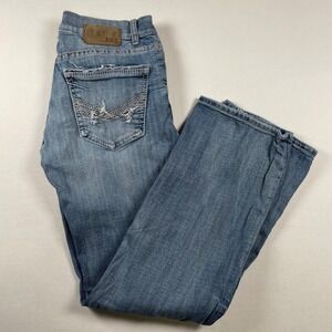 BKE Aiden Mens 32x32 Distressed Jeans Relaxed Boot Cut Denim Light Wash Rips
